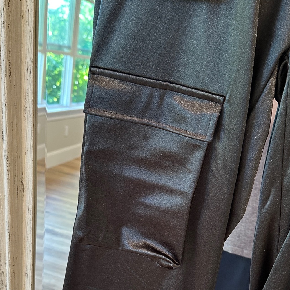 Elegant Black SATIN Women's Cargo Trousers - Picture 3 of 4